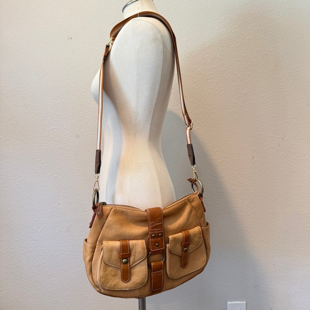 Luce Tan Pebbled Leather Crossbody Bag Multi Pocket Striped Strap Shoulder Bag